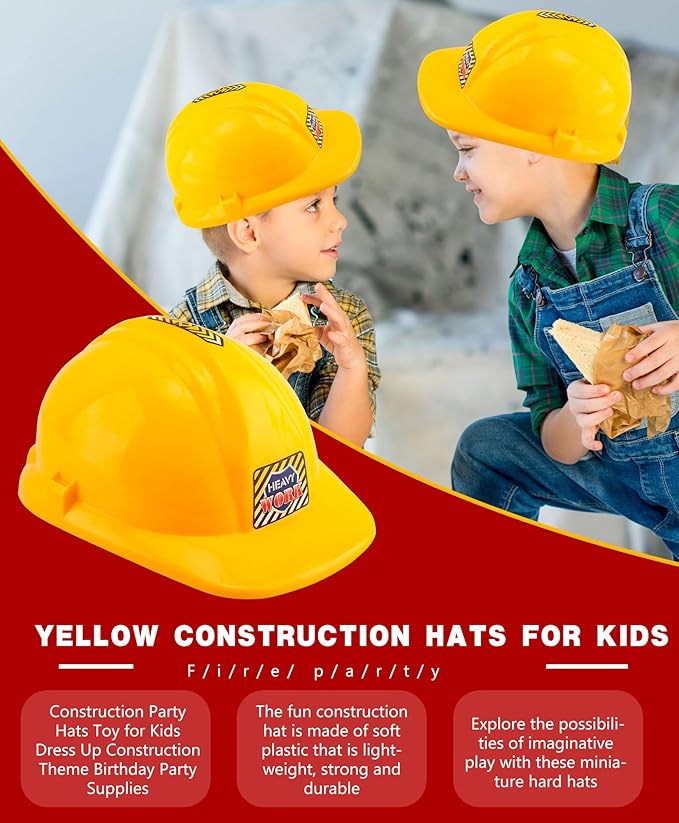 2 Pack Child Construction Hats Plastic Construction Worker Helmet Yellow Hard Hat for Kids Boys Girls Engineer Building Theme Party Dress Up