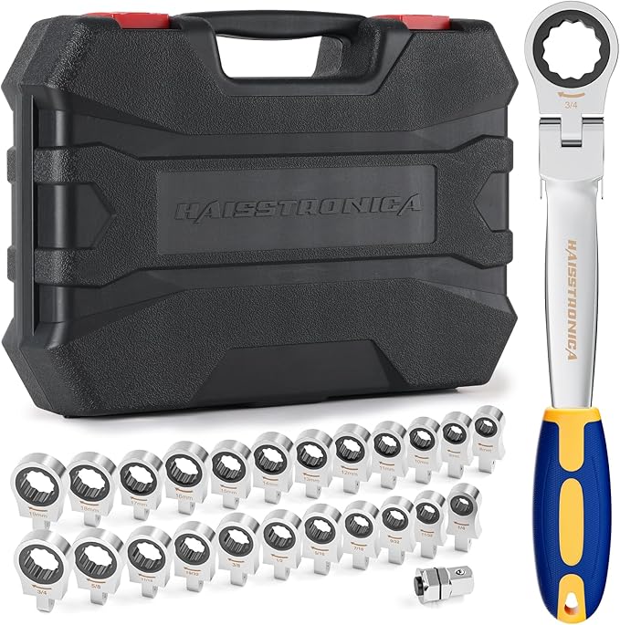 haisstronica 24 in 1 Interchangeable Heads Ratchet Wrench Set with 3/8 in Adapter, Metric & SAE 8-19mm and 1/4-3/4 inch Flex Head Combination Wrench Sets for Auto, Mechanic Tools for Men Gifts