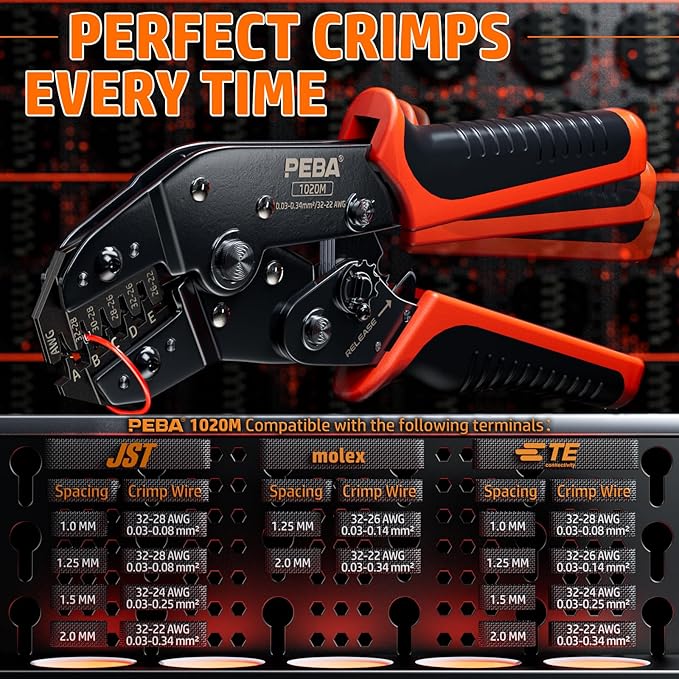 PEBA JST Ratcheting Crimper 32-22 AWG for 1.0mm/1.25mm/1.5mm/2.0mm Pitch Micro Connectors, Crimping Tool for JST-SH 1.0mm/GH 1.25mm/ZH1.5mm/PH 2.0mm, Molex TE terminals - Precision JST Crimp Tool