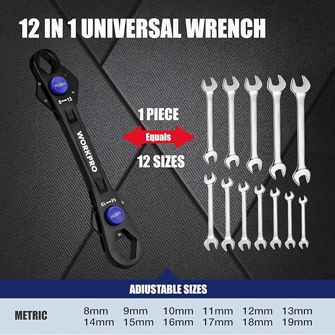 WORKPRO 12-in-1 Universal Wrench, Metric 8-19mm Adjustable Wrench with Heat-Treated Cr-Mo Steel, ASME Standard, Multi-Position Head, Multi-Size Compact Spanner for Mechanics, Cars, and Motorcycles
