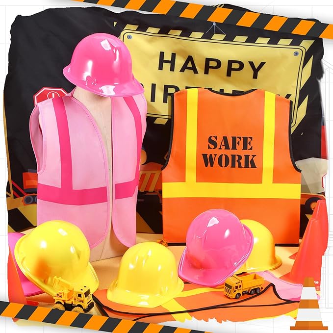 SATINIOR 24 Pcs Construction Birthday Party Supplies Kid Construction Hat and Vest Worker Costume Kids Role Play Dressing up