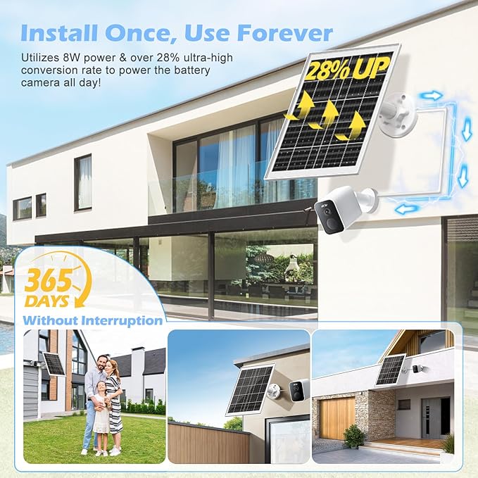 8W Solar Panel for Security Camera, Charger With Micro USB, USB-C & DC Port, IP65 Waterproof, 9.8Ft Charging Cable, Suitable for Rechargeable Battery Cameras