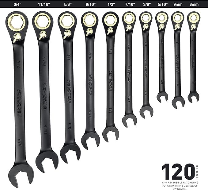STARWORK TRUE MECHANIC™ 20 Pc. 120-Tooth Reversible Ratcheting Wrench Set, Combination Ratchet Wrench Set, Non-Slip, Long Pattern, 6-Point 15° Offset, Professional, SAE/Metric(5/16-3/4" & 8-19 mm)