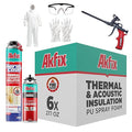 Akfix Thermcoat Fire Rated Spray Foam Insulation Kit 120 sq ft (6x27.1 oz.) - (R-Value 11.32/2 in) Closed Cell Expanding Wide Sealant Thermal Insulation for Walls and Attic - Gun & Cleaner Included