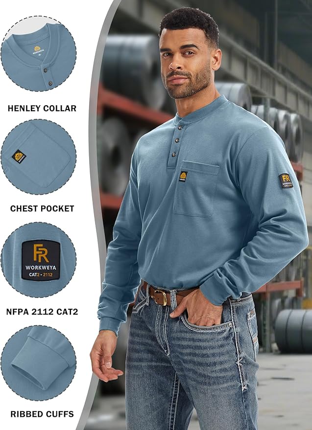 WORKWEYA 6.5oz Flame Resistant Henley Shirt 100% Cotton Lightweight FR Shirts for Men