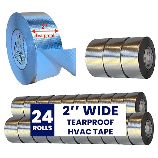 BlueTex Insulationㅤ HVAC Aluminum Foil Tape 2 inch x 150 ft (6 mil), Professional Grade Silver Duct Tape Metallic, Tear-Proof HVAC Tape, Heavy Duty, for Ductwork, Dryer Vent & Insulation - 24 Rolls