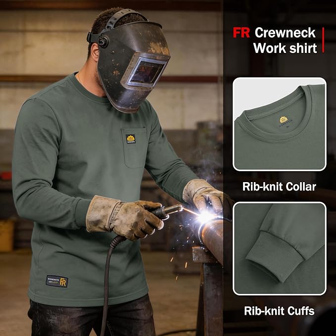 WORKWEYA Men's FR Shirts 6.5oz Lightweight Long Sleeve Flame Resistant T-Shirt NFPA 2112/CAT2