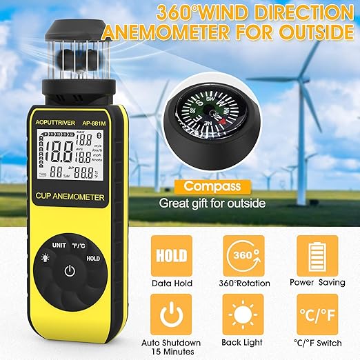 Anemometer Handheld, Wind Cup Meter with 360° Wind Direction, Wind Meter with Temp(℃/℉) Backlit for HVAC Vents, Boat Sailing, Shooting