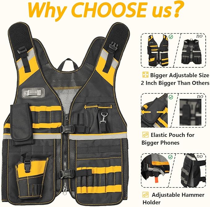 Electrician Tool Vest for Men, Reflective Safety Work Vest with Adjustable Thick Straps, Removable Phone Holder for Electrical, Carpenters, Construction, 22 Pockets