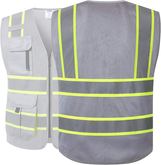 JKSafety 9 Pockets Hi-Vis Mesh Safety Vest for men and women | Chaleco reflectante de seguridad | Zipper Front | Multiple Pockets | Class 1 (140-Grey XXL)