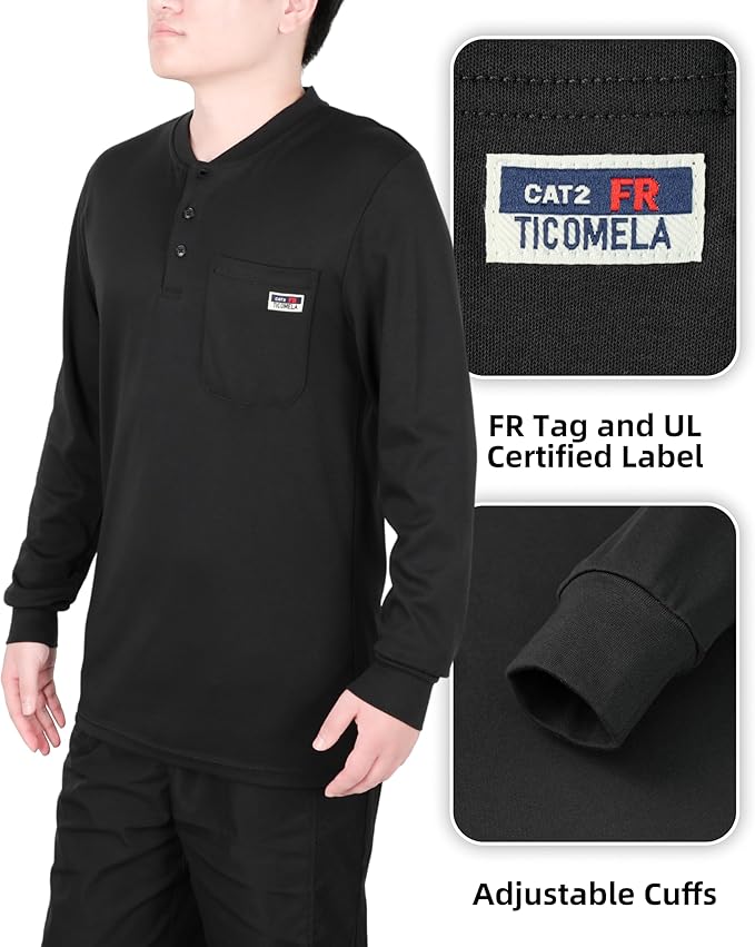 TICOMELA FR T Shirt Flame Resistant Shirt 5.5oz 100% Cotton Light Weight Workwear Men's Long Sleeve Henley Shirts