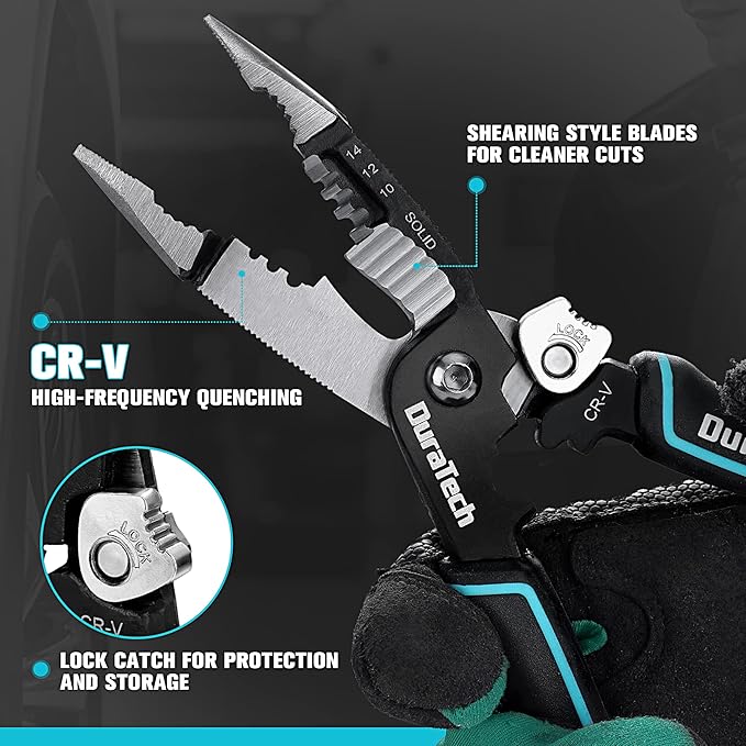 DURATECH 5-in-1 Wire Stripper, 8" Wire Stripper and Crimping Tool, Premium CR-V Construction, Needle Nose Plier, Multifunctional Electrician Pliers for Crimping, Cutting, Stripping, Shearing, Clamping
