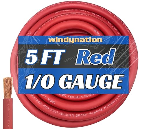 WNI 1/0 Gauge 5 Feet Red 1/0 AWG Ultra Flexible Welding Battery Copper Cable Wire - Made in The USA - Car, Inverter, RV, Solar