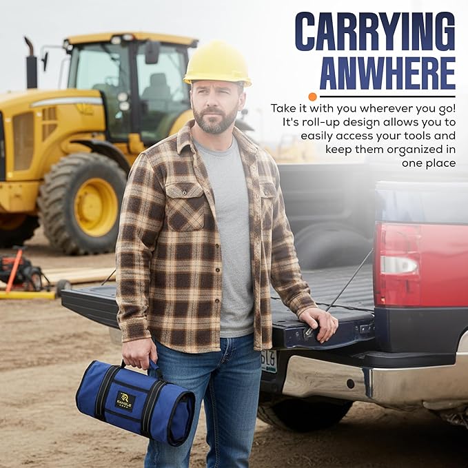 Roll Up Tool Bag Organizer – Heavy Duty Canvas Tool Roll Bag, Tool Roll Up with 5 Oversized Labeled Pockets & Carabiners, Portable Roll Up Tool Organizer for Mechanic, Truck & Car (Blue)