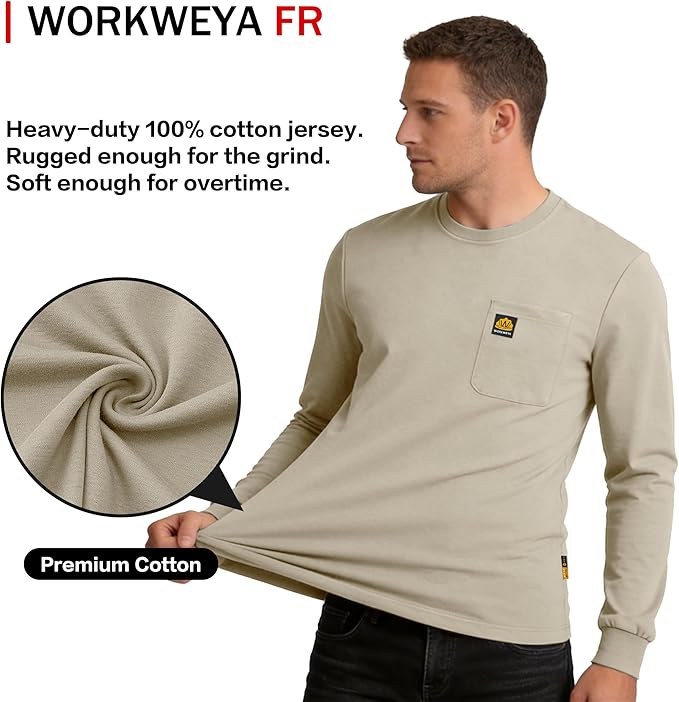 WORKWEYA Men's FR Shirts 6.5oz Lightweight Long Sleeve Flame Resistant T-Shirt NFPA 2112/CAT2