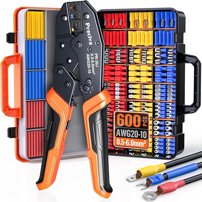 Preciva Crimping Tool with 490PCS Insulated Terminals and 110 Heat Shrink Tubes, AWG 20-10 Ratchet Crimping Pliers with Storage Case for Car, Electric