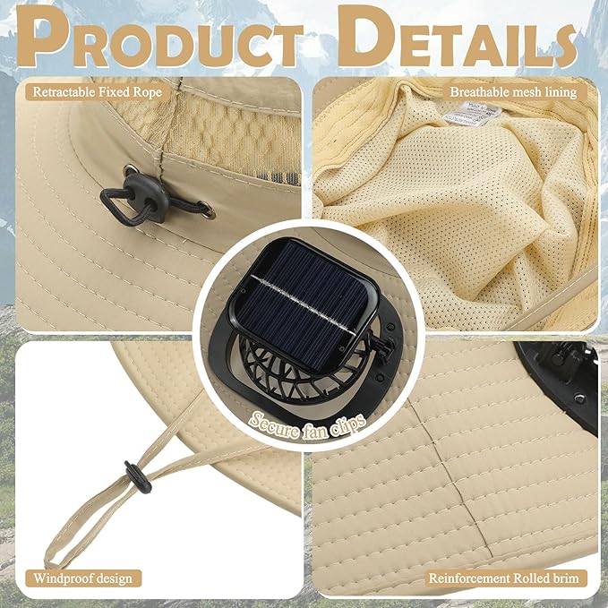 Berlune Men Sun Hat with 2 Solar Fans Wide Brim Outdoor Fishing Hat USB & Solar Powered for Sun Protection Camping Hiking