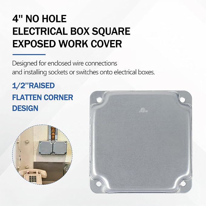 4 Inch No Hole Electrical Box Square Exposed Work Cover, Electrical Box Junction Box Cover for 4 x 4 Inch Metal Receptacle Electrical Box（pack of 2)