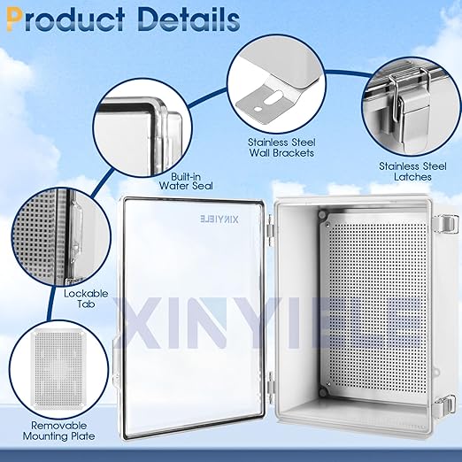 Waterproof Outdoor Project ABS Plastic Junction Box IP67 Weatherproof Dustproof Enclosure with Hinged Cover, Mounting Plate,Wall Brackets for Power Project (Clear.15.7"x11.8"x7.1")