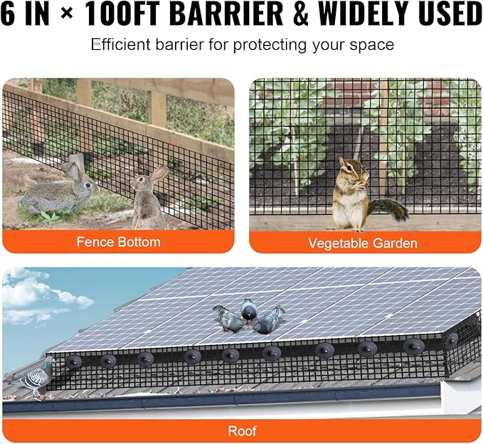 VEVOR 6 inch x 100ft Solar Panel Bird Guard, Critter Guard Roll Kit with 60pcs Durable Metal Fasteners, Solar Panel Guard with Rust-Proof PVC Coating, 1/2 inch Wire Roll Mesh