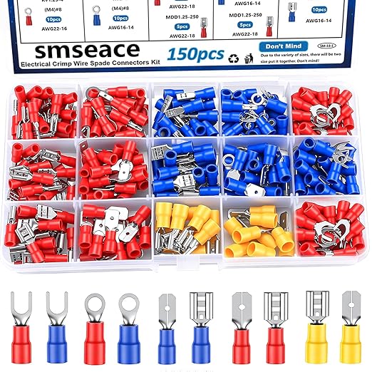 smseace 22-10AWG Wire Crimp Connectors 2.8mm/4.8mm/6.3mm Male and Female Connector kit Insulated Wire Spade/Fork/Ring Electrical Speaker Connector