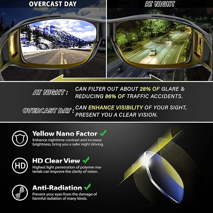 URUMQI Night Vision Driving Glasses Fit Over Eyeglasses for Men Women, Anti Glare Polarized Nighttime Glasses Yellow Lens