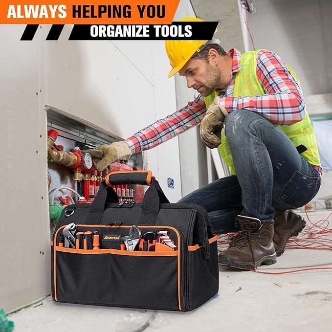 Heavy Duty Tool Bag 17.3-Inch, 26-Pocket Large Tool Bags for Men Women with Adjustable Shoulder Strap,Waterproof, Foldable Tool Bag Organizer for HVAC Electricians Mechanics Craftsman Contractor