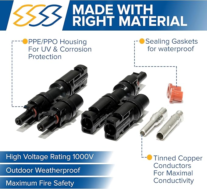 2 Pcs Solar T-Connectors IP67 Waterproof Solar Panel Cable Connectors | Solar String Splitter/Joiner - (1-2 (M/FF and F/MM)- 1 Pair)