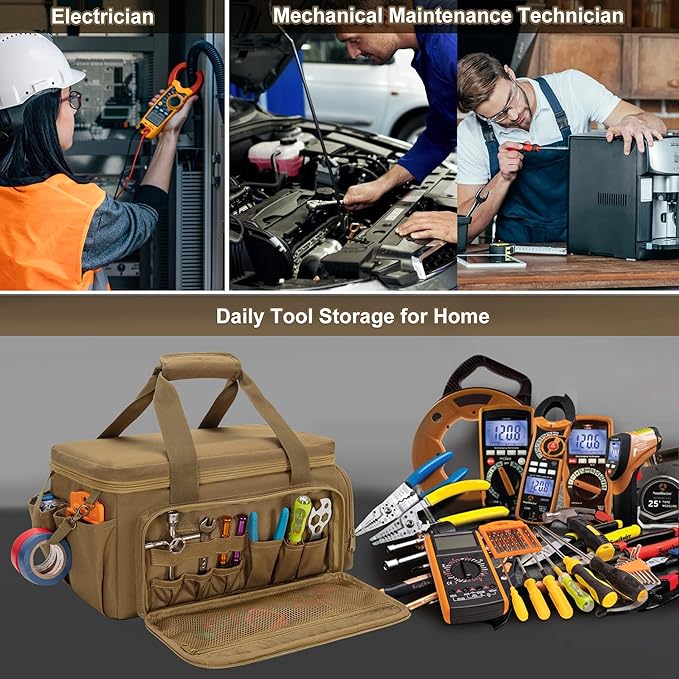 14-Inch Tool Bag with Anti-friction Bottom, Hand Tool Storage Organizer for Men, Tactical Range Bag, Multi-purpose Work Tote for Repairman, Carpenters, Handyman, Khaki