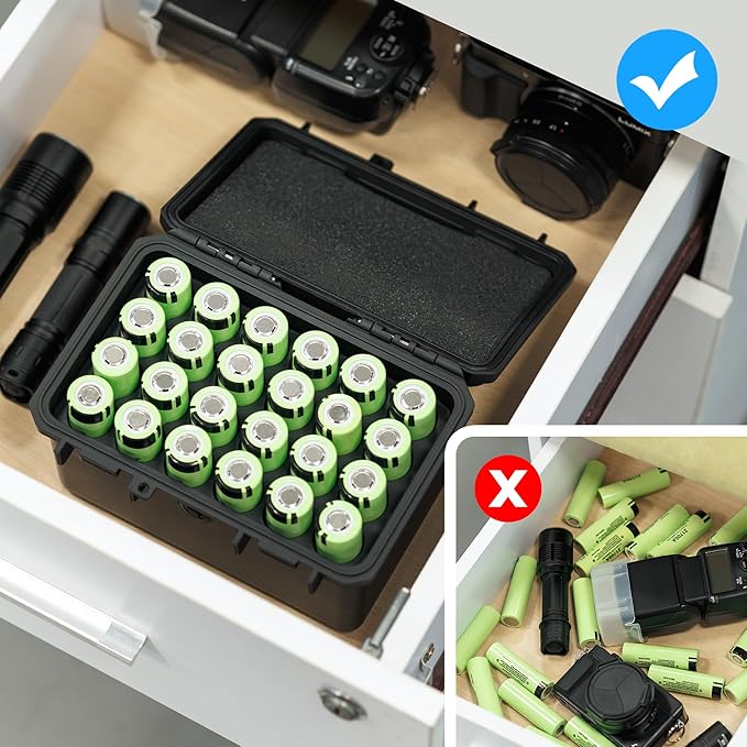 JJC 24 Slots 21700/20700 Battery Case Holder, IP67 Water-Resistant & Shockproof Battery Storage Organizer Box for 21700 or 20700 Battery with Customized Holder, EVA Interior and Pressure Valve