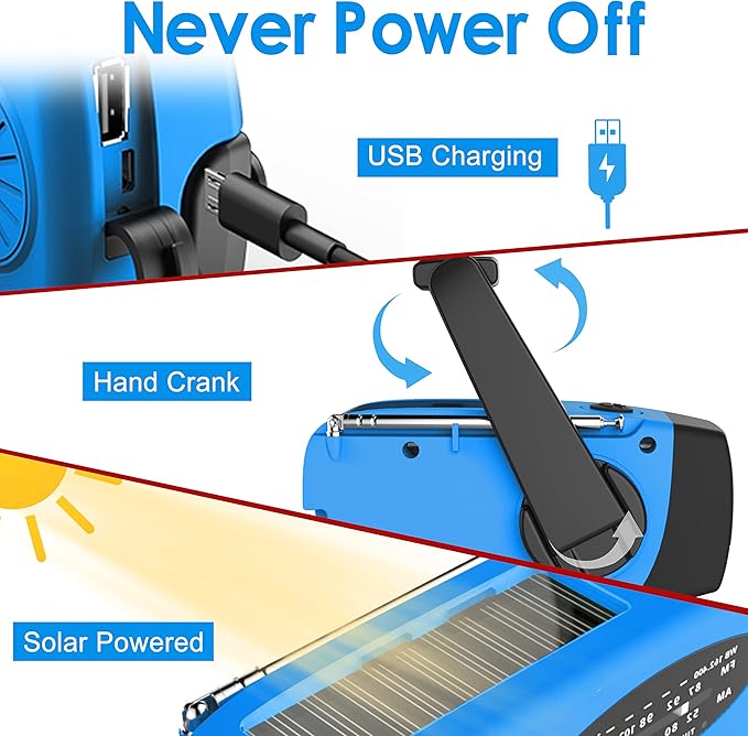 Emergency Hand Crank Radio with LED Flashlight for Emergency, AM/FM Portable Weather Radio with 2000mAh Power Bank Phone Charger, USB Charged & Solar Power for Camping, Emergency(Blue)