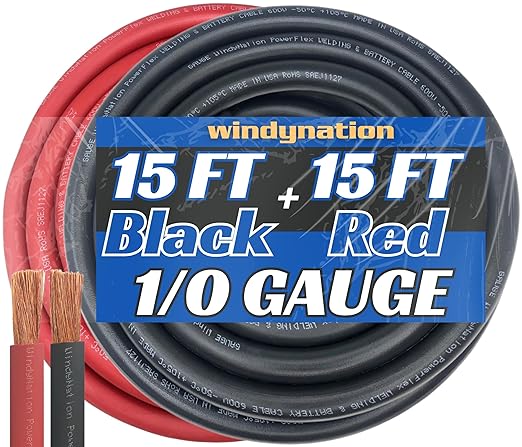 WNI 1/0 Gauge 15 Feet Black 15 Feet Red 1/0 AWG Ultra Flexible Welding Battery Copper Cable Wire - Made in The USA - Car, Inverter, RV, Solar