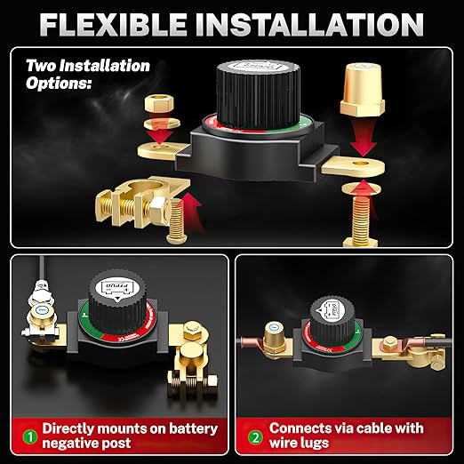 Top Post Battery Disconnect Switch, Car Battery Disconnect Switch, 12V-48V Battery Cut/Shut Off kit for Car RV Boat Truck ATV, Suitable for Negative Terminal, Flexible Installation Options