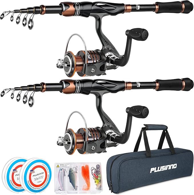 PLUSINNO Fishing Rod and Reel Combos, Bronze Warrior Toray IM6 Carbon Matrix Telescopic Fishing Rod Pole, 12 +1 Shielded Bearings Stainless Steel BB Spinning Reel, Travel Freshwater Fishing Gear