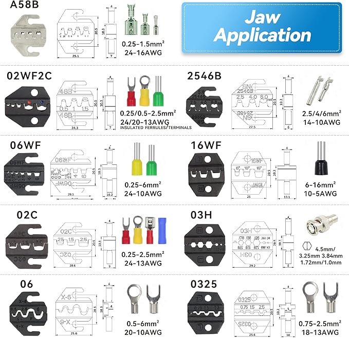 HKS Ratcheting Crimping Tool Set 11 PCS with Changeable Jaws for Dupont JST MOLEX - Open Barrel Terminals, Insulated & Non-Insulated Ferrules, Terminals & Butt Connectors,Solar & Coax Connectors