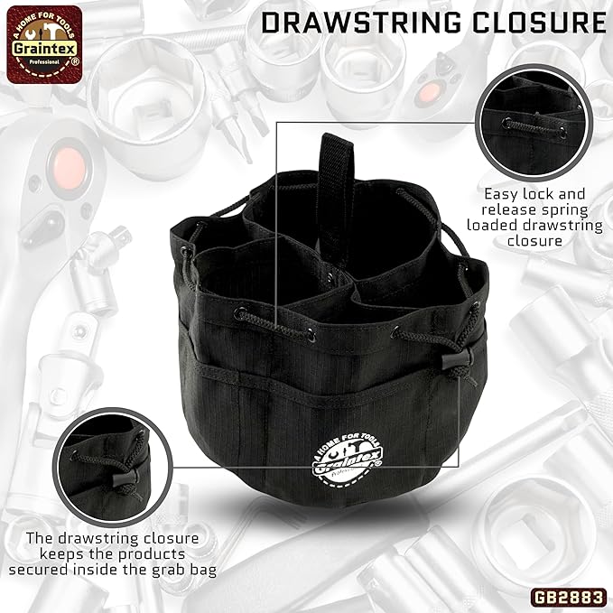 Graintex 18 Pockets Grab Bag Rip-stop Canvas Drawstring Closure, Small Part Organizer Pouch, Small Tools, Screws, Parts, Parachute Tool Bag for Efficient Storage - Black