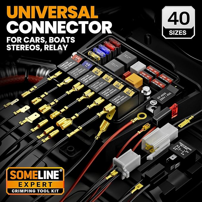 SOMELINE Spade Connector Crimping Tool Kit 24–14 AWG, 40 Types 2.8/4.8/6.3/7.8 mm Quick Disconnect Non-Insulated Connectors and Terminal Housings – Open Barrel Crimping Tool