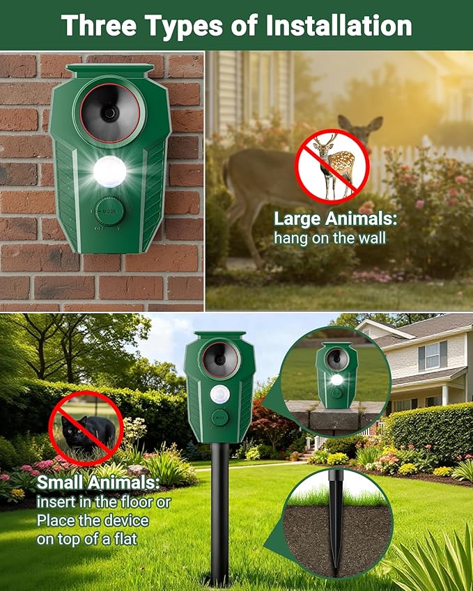 Solar Ultrasonic Animal Repellent Outdoor - Deer Repellent Devices with Motion Sensor & Flashing Lights, Waterproof Deterrent for Yard Garden to Repel Cats, Squirrels, Raccoons