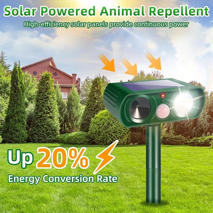 4-Pack Solar Ultrasonic Animal Repellent for Garden Protection Stop Yard Damage Instantly Deer Cat Squirrel Dog Skunk Rabbit & Raccoon Deterrent Weatherproof Outdoor Animal Control Safe for Kid & Pet