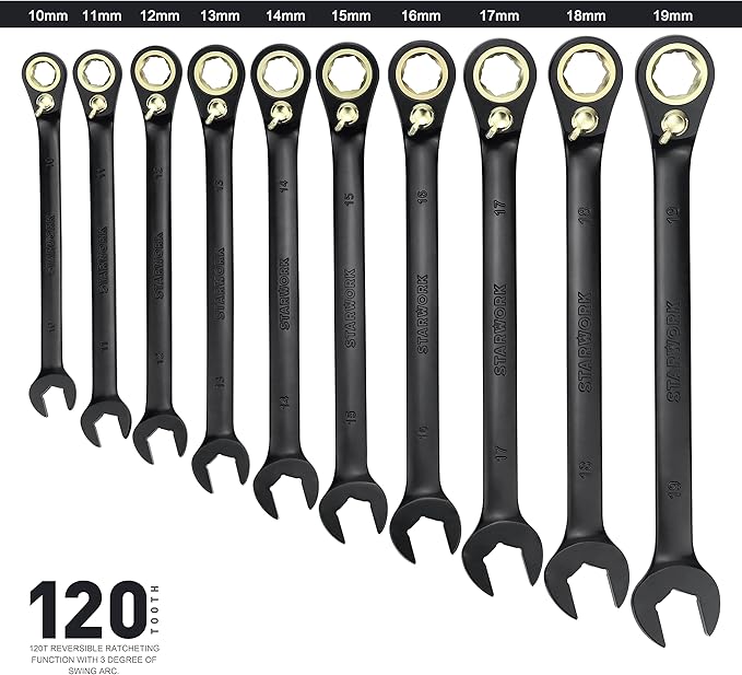 STARWORK TRUE MECHANIC™ 20 Pc. 120-Tooth Reversible Ratcheting Wrench Set, Combination Ratchet Wrench Set, Non-Slip, Long Pattern, 6-Point 15° Offset, Professional, SAE/Metric(5/16-3/4" & 8-19 mm)