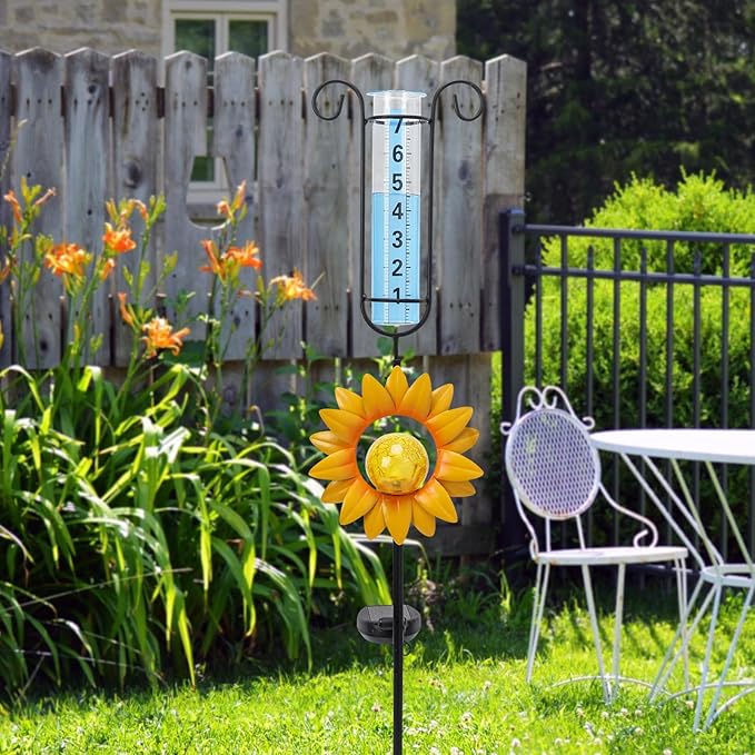 MUMTOP Rain Gauge Outdoor, 34 Inch Large Number Solar Lights Sunflower Water Gauge for Lawn, Yard and Garden