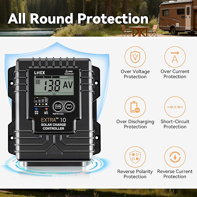 Solar Charge Controller Waterproof, 10A Solar Panel Regulator with Temp Sensor,Backlit LCD, 12V/24V PWM Solar Controller for LiFePO4,AGM, Gel, Flooded and Lithium Battery