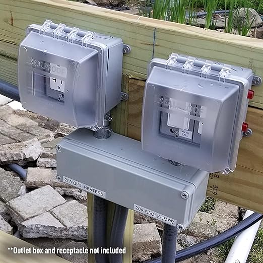 Sealproof 2-Gang Weatherproof Exterior in Use Outlet Cover and Box Kit - Double Gang Metallic Electrical Outlet Box with Three 1/2-Inch Holes and UL Extra Duty, Lockable, in Use Outdoor Outlet Cover