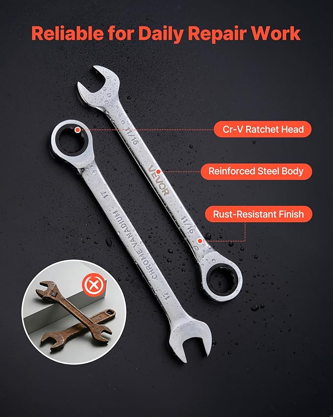 VEVOR Combination Wrench Set, 26-Piece SAE and Metric, 72 Teeth, Cr-V Steel Ratcheting Wrench Set, with Rack Organizer, Open End, Clear Size Labels, for General Household, Automotive Repairs, Silver