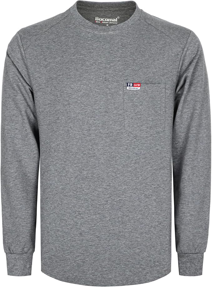 BOCOMAL Men's FR Shirts Long Sleeve Crewneck EX Soft Heather Series 6oz Midweight Flame Resistant Work T Shirt CAT2