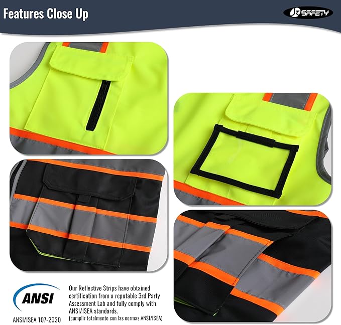 JKSafety 7 Pockets High Visibility Zipper Front Safety Vest With Reflective Strips.Meets ANSI/ISEA Standards(130-Yellow-Black M)