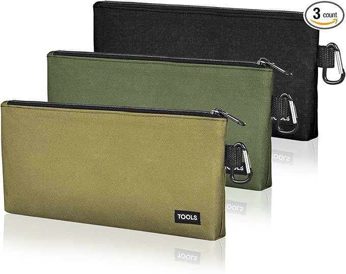 3 Pack Premium Tool Pouches Zipper Bag, Small Tools Bags with Carabiner, Heavy Duty Flat Bottom Utility Multipurpose Storage Organizer Bag for Tool, Stationary, Pencil