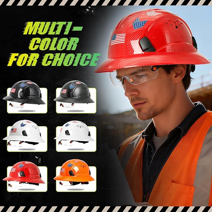 Carbon Fiber Pattern Full Brim Hard Hat with Visor-OSHA Approved Construction Safety Helmet for Men Women,ANSI Z89.1 Vented Reflective Hardhat with Hard Hat Chin Strap,6-Point Suspension