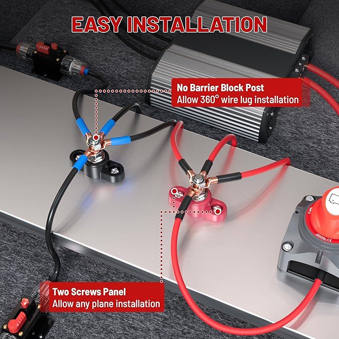 RED WOLF 12V 150A Power Distribution Block 5/16" Single Stud Busbar M8 Terminal Bus Bar 12 Volt DC Battery Junction Post for Auto Boat Marine Solar System Positive and Negative (2PC)