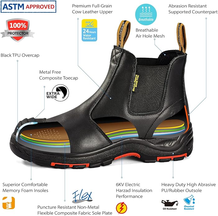 Mens Work Boots Steel Toe Chelsea Safety Boots Cow Leather Waterproof Lightweight Working Shoes